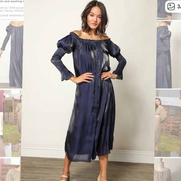 Line & Dot Blue Ruched Off-Shoulder Midi Dress - Picture 5 of 5